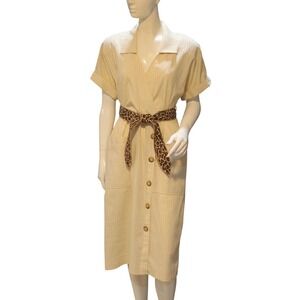 Vintage Leslie Fay Cream Shirt Dress Button Front Belted USA Made VTG 90s Large